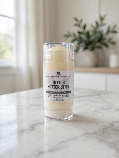 Tattoo Butter Stick on a bright bathroom vanity with marble counter