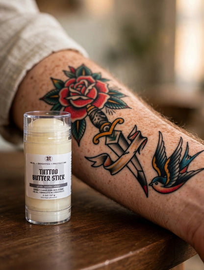 Tattoo Butter Stick beside a tattooed forearm with rose, dagger, and swallow tattoos